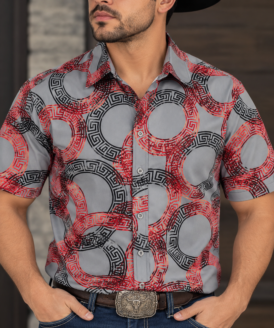 CHUXX Men’s Grey & Red Geometric Short Sleeve Shirt FLS-3433