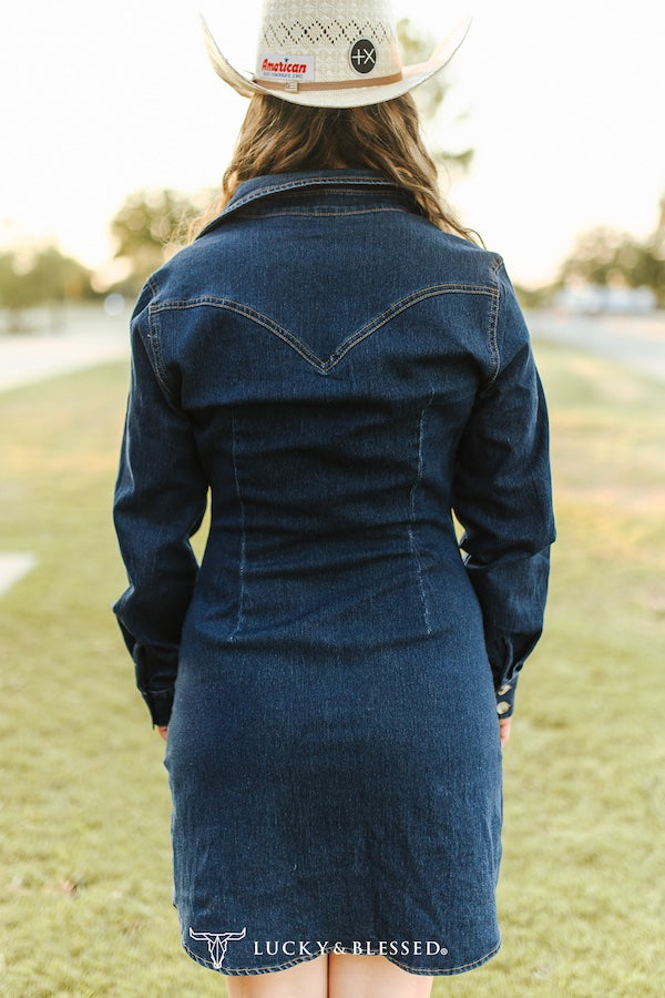 Classic Western Button Down Long Sleeve Denim Dress - DR595-MW