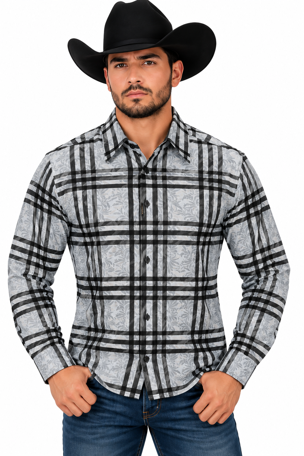 CHUXX Men’s Gray & Black Plaid Long Sleeve Shirt FLK3120
