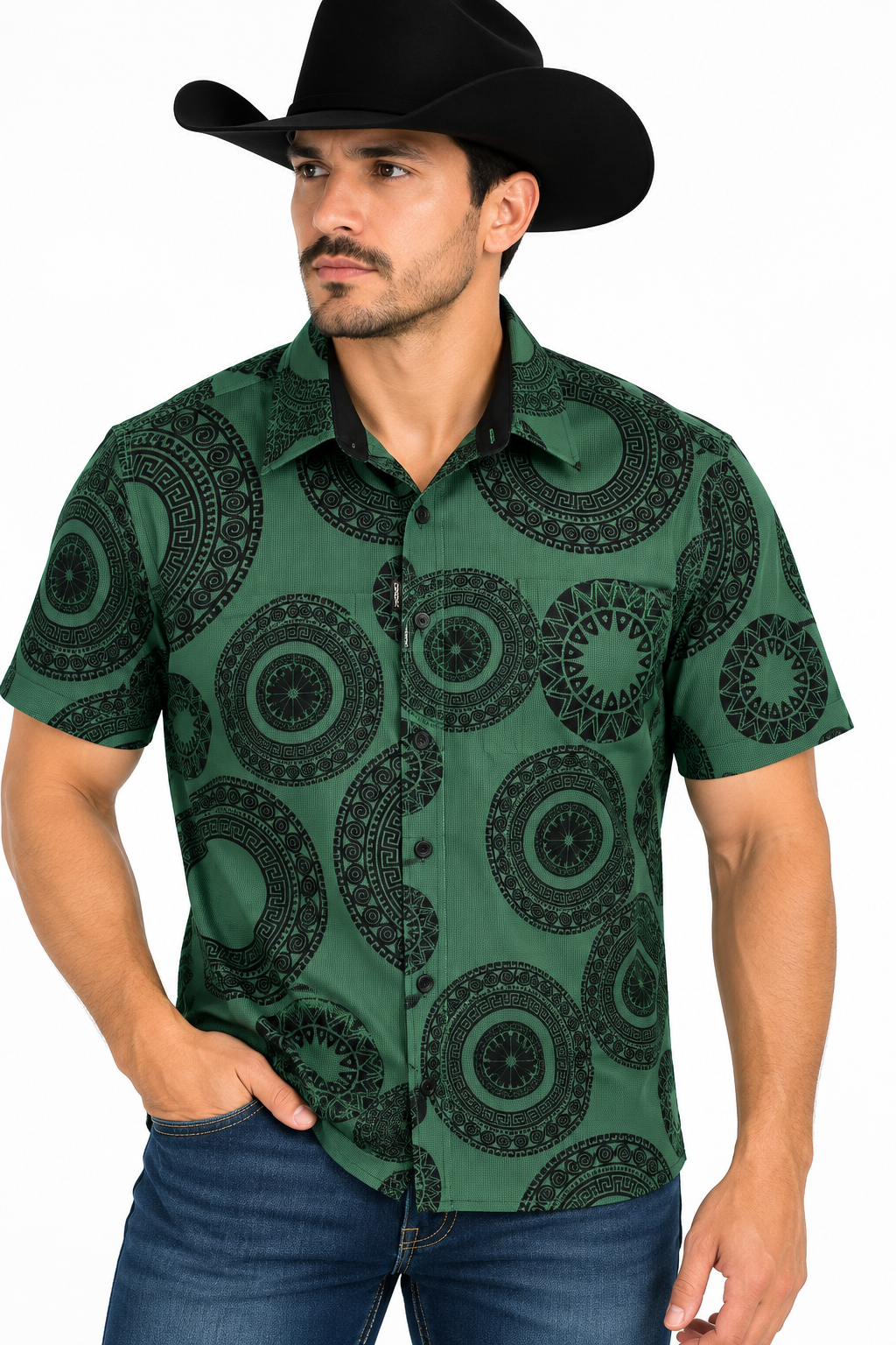 Chuxx Men’s Green & Black Medallion Print Short Sleeve Shirt FLKS-3456