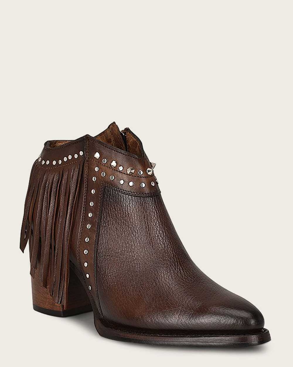 Brown Leather Ankle Bootie – Studded Fringe CU813