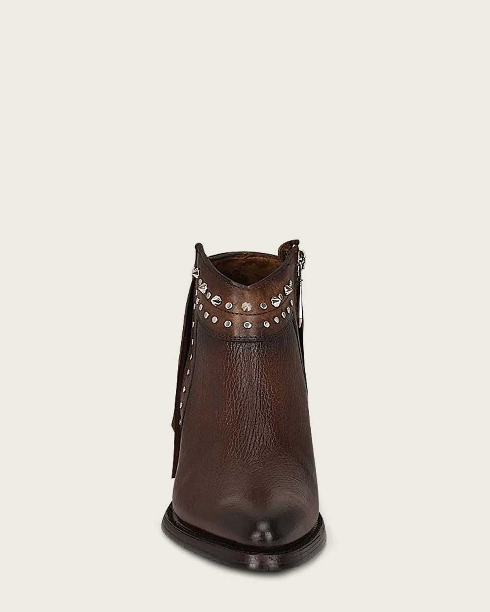 Brown Leather Ankle Bootie – Studded Fringe CU813