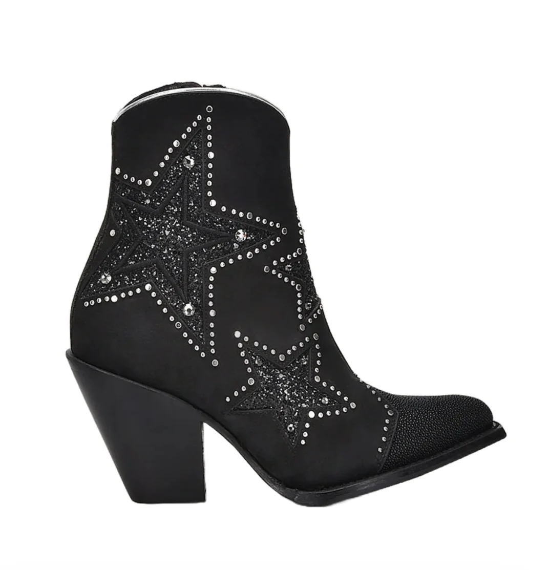 CUADRA LADIES STINGRAY ZIPPER & STUDS BLACK ROUND TOE BOOTIES CU760