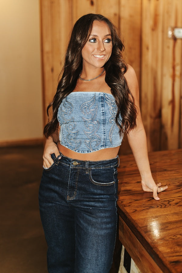 Mid Stone Wash Boot Stitch Embroidered Denim Tie Up Corset - TO813-SW