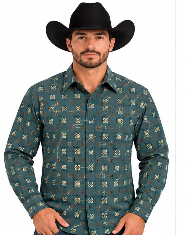 Men’s Teal Geometric Print Long Sleeve Shirt – FPL11493