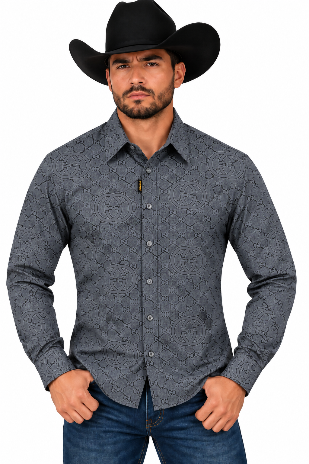 Baldelli Men’s Charcoal Gray Monogram Long Sleeve Shirt CHLS2085
