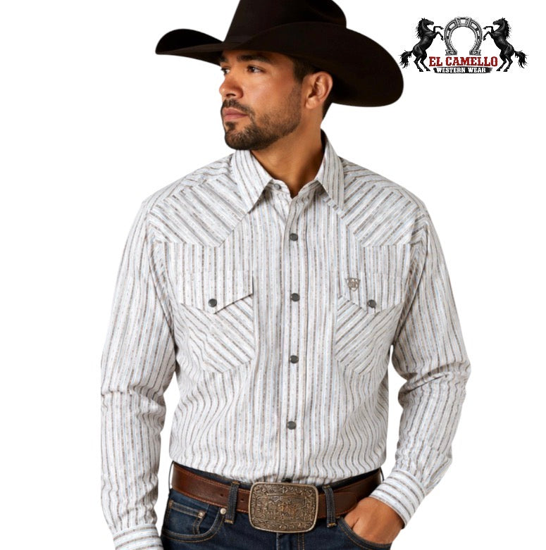 Ariat Men’s Tan & Blue Stripe Long Sleeve Western Shirt 10079437