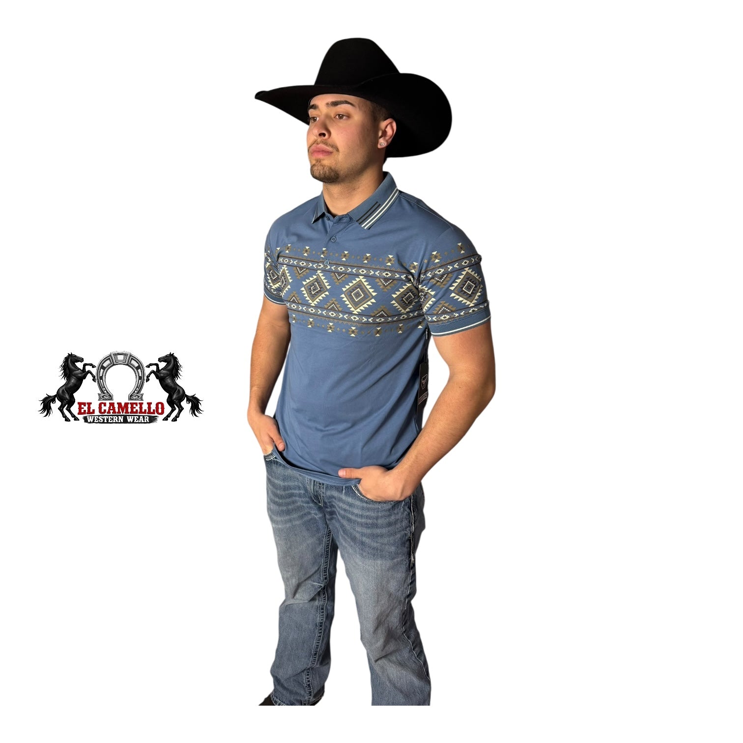 LAM-28232 Men’s Western Print Polo – Blue