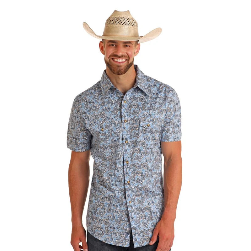 Rock & Roll Denim Mens Powder Blue Short Sleeve Snap Shirt BMN3S05858
