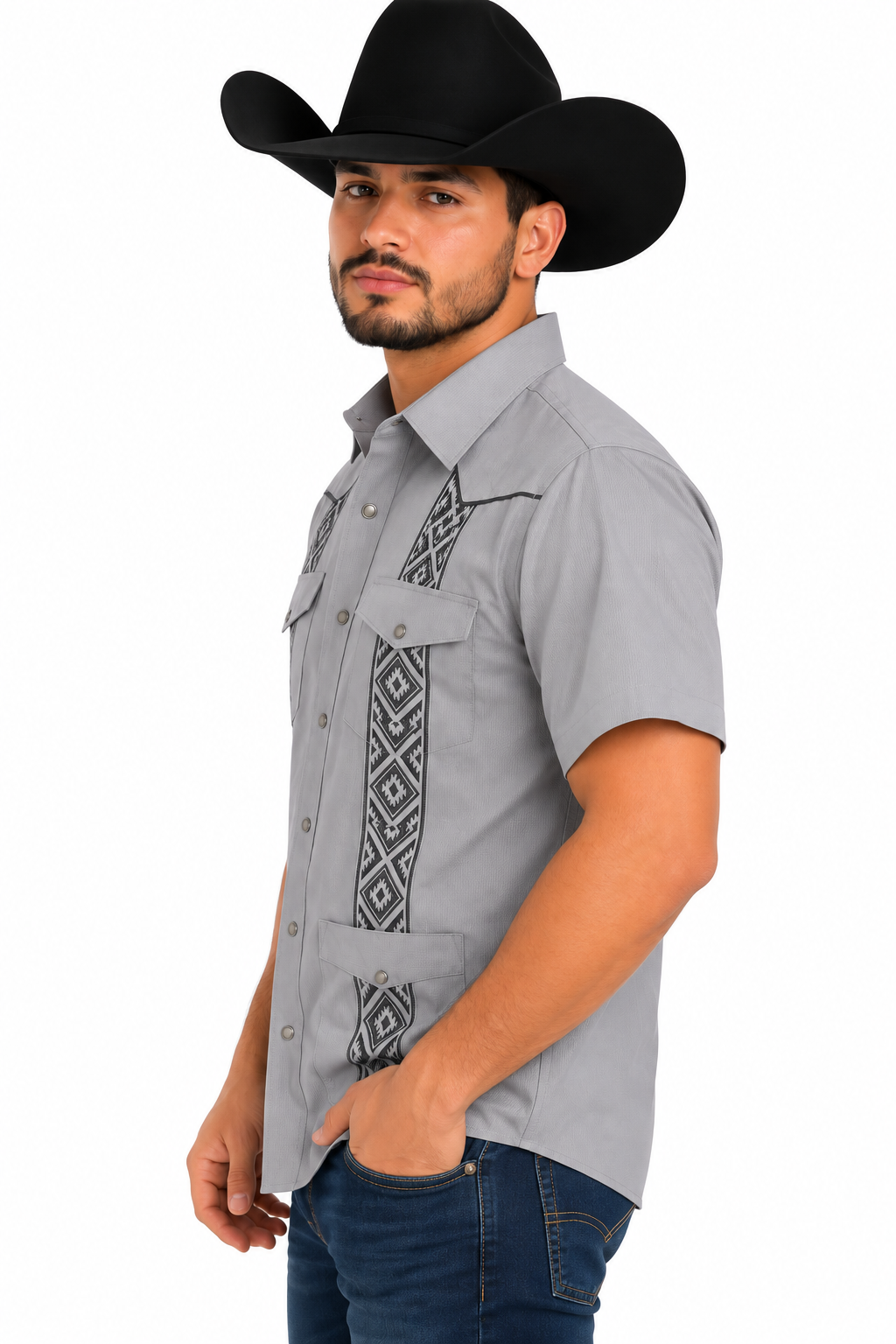 Platini Men’s Gray Embroidered Short Sleeve Western Shirt GUS9343
