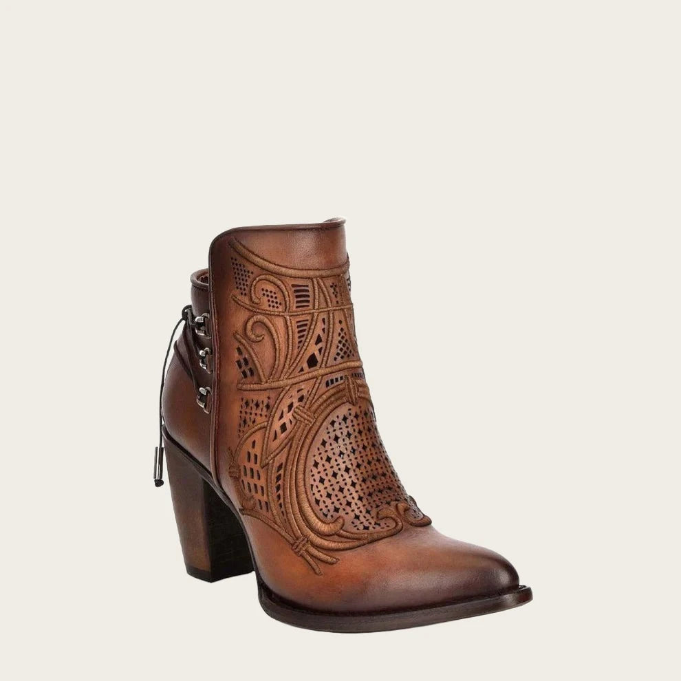 Embroidered honey leather bootie