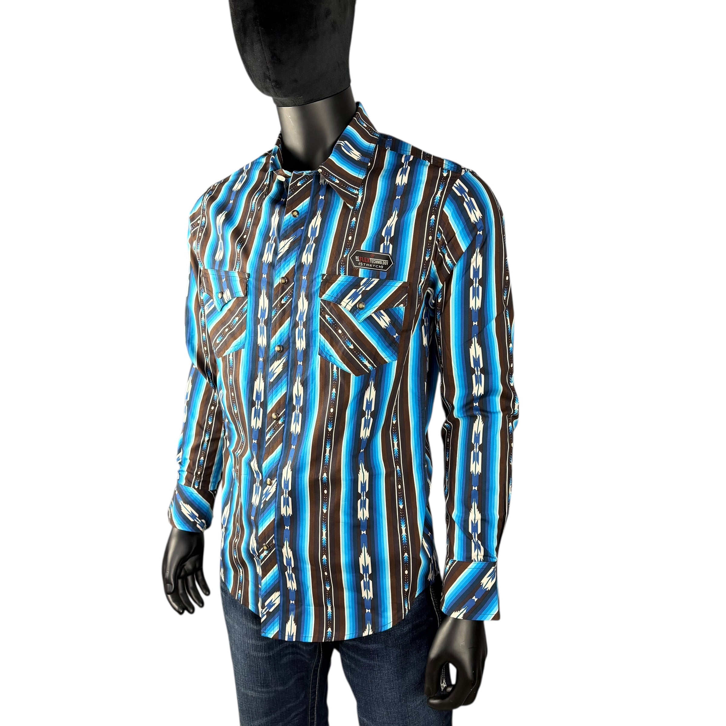 BMN2S07649 – Rock & Roll Denim Stripe Printed Long Sleeve Western Shirt