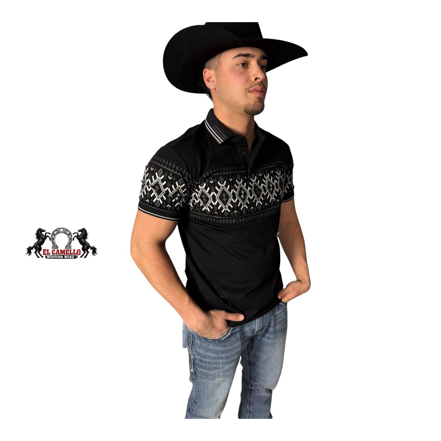 MT36022 Men’s Western Print Polo – Black