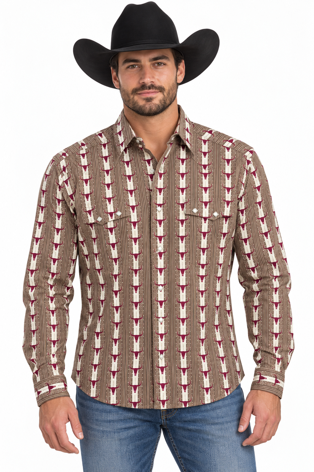 Tan & Burgundy Longhorn Print Western Shirt – WPL11075