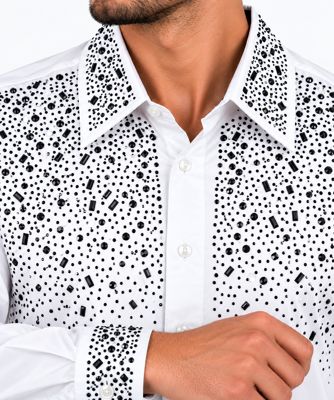 Chuxx Men’s White & Black Rhinestone Long Sleeve Shirt CHLS2201