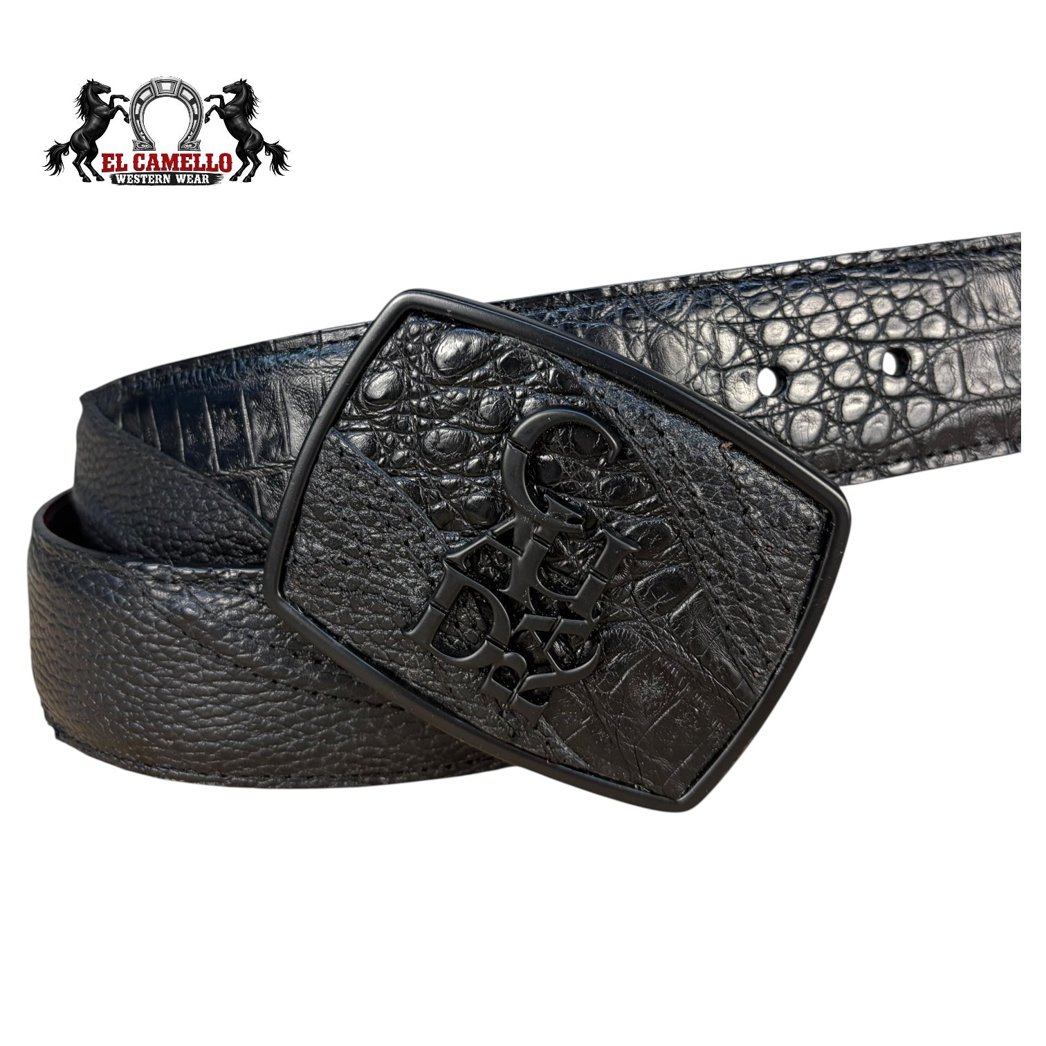 Cuadra Men’s Black Exotic Leather Belt with Matte Black Logo Buckle