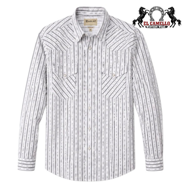 Ariat Men’s White Geo Stripe Long Sleeve Western Shirt – Style 10079769