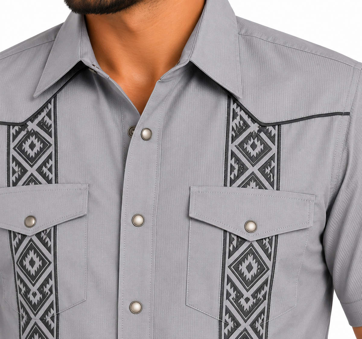 Platini Men’s Gray Embroidered Short Sleeve Western Shirt GUS9343