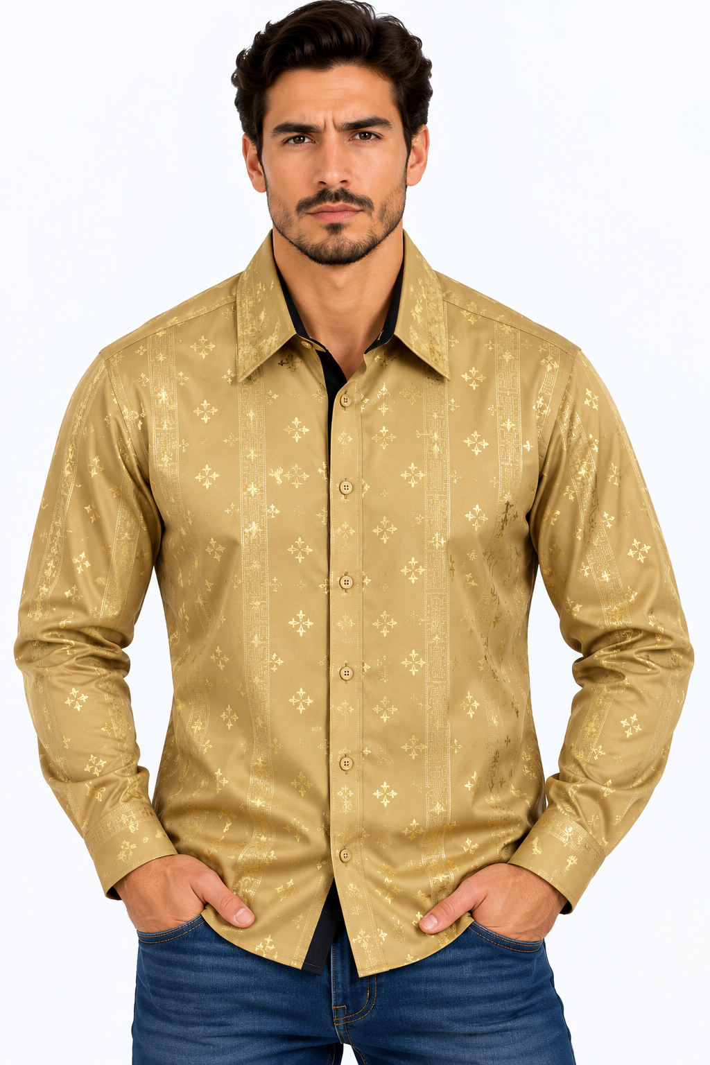 Chuxx Men’s Gold Tonal Floral Long Sleeve Shirt FL-3398