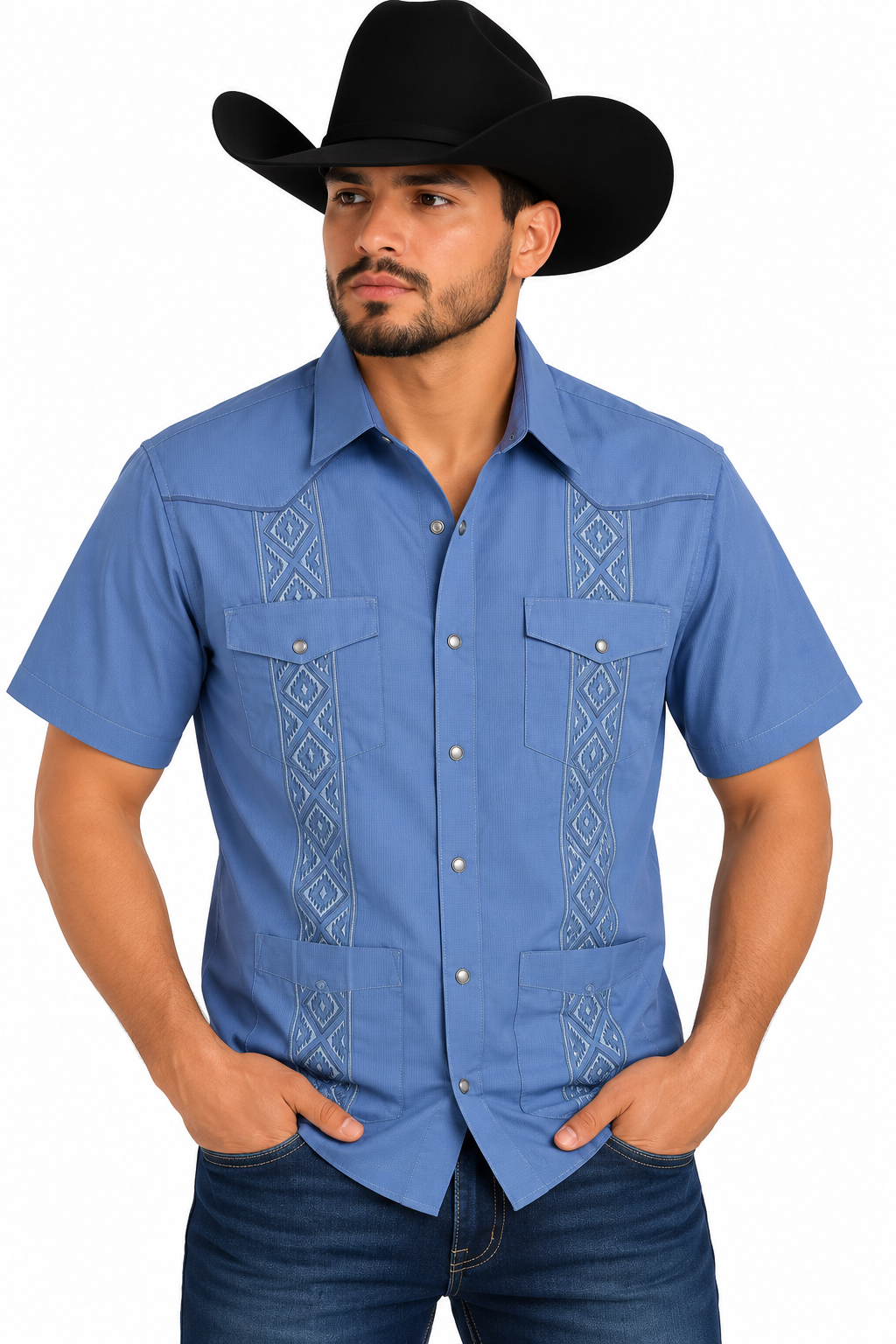 Platini Men’s Blue Embroidered Short Sleeve Western Shirt GUS9342