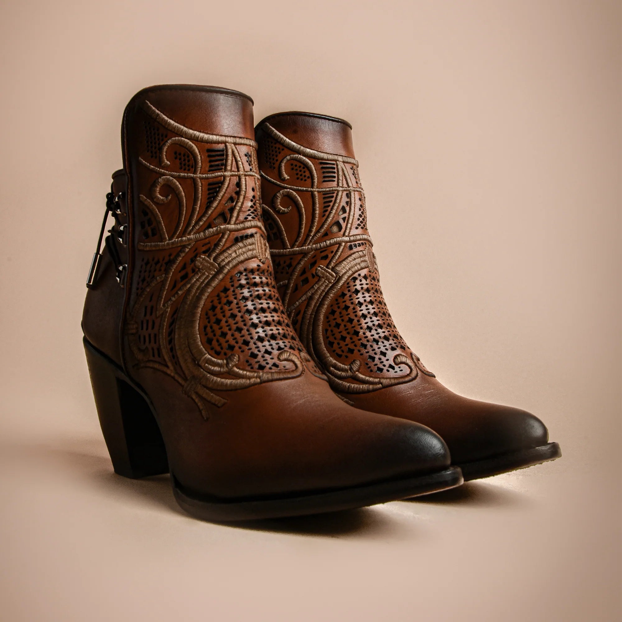 Embroidered honey leather bootie