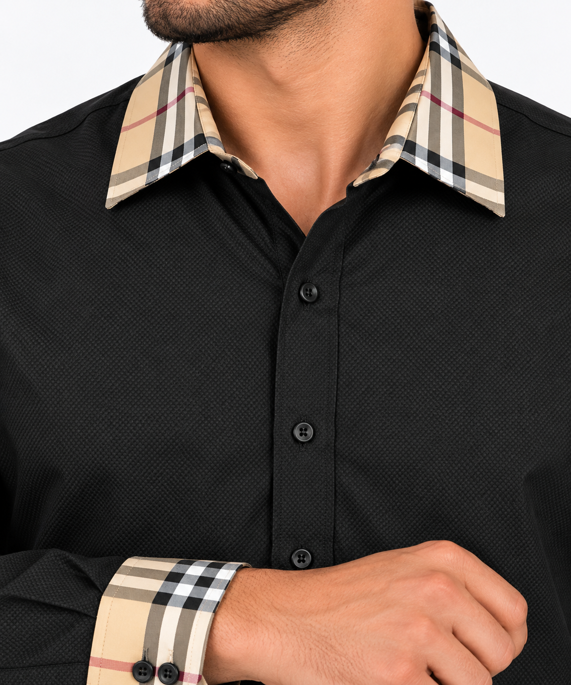 Chuxx Men’s Black Textured Plaid Trim Long Sleeve Shirt DS-004