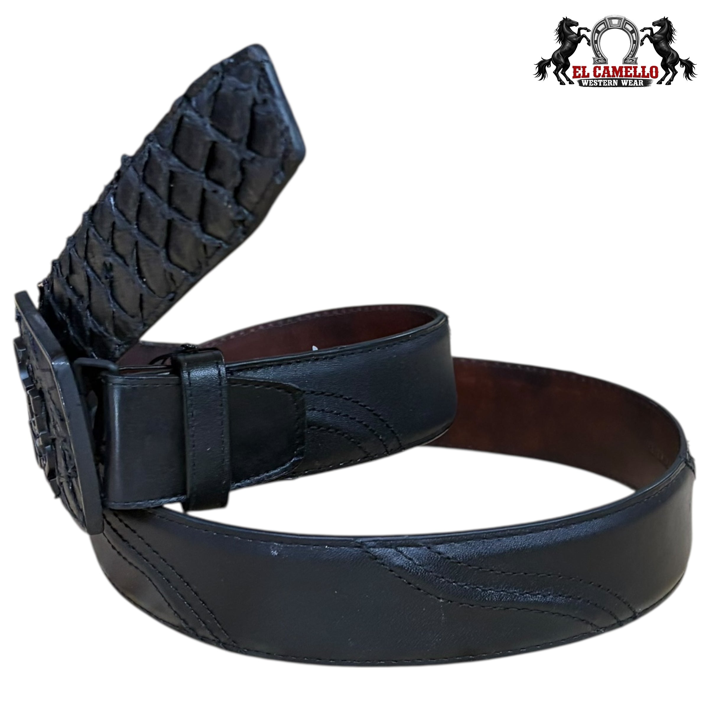Cuadra Men’s Black Exotic Leather Belt with Logo Buckle BC357