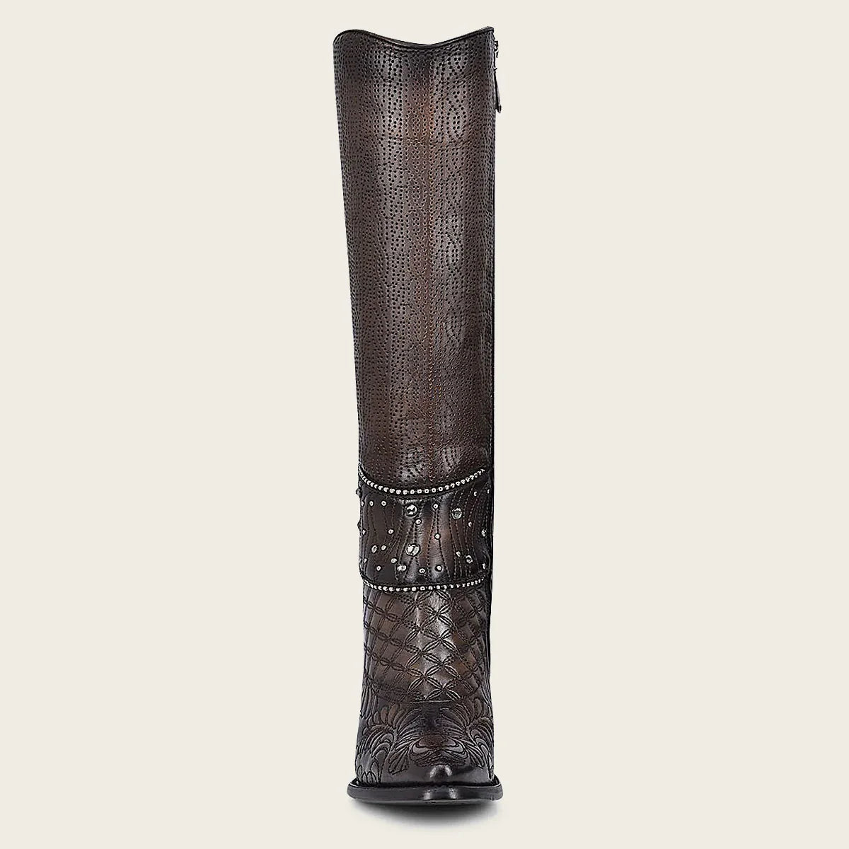 Embroidered dark brown leather boot with Austrian crystals