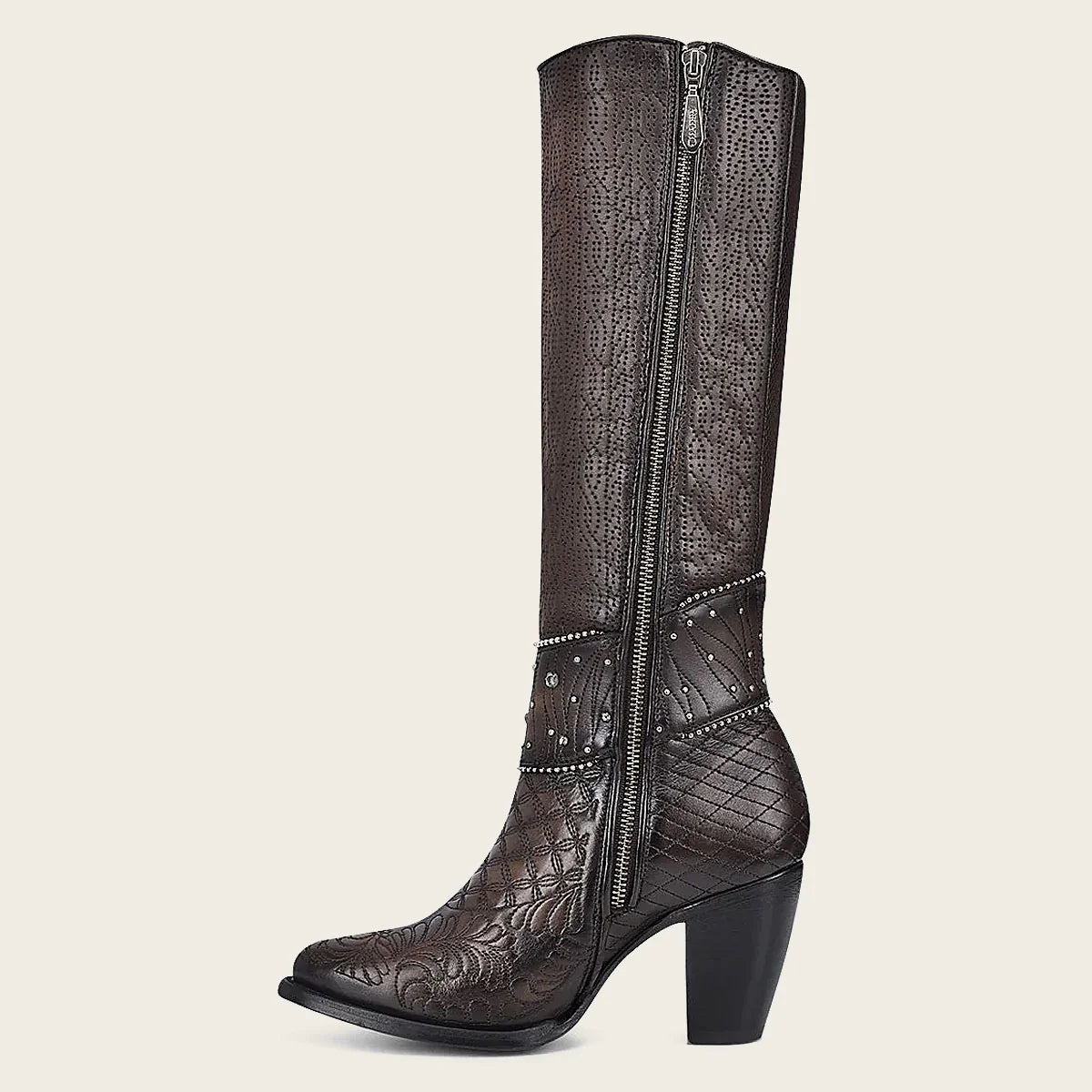 Embroidered dark brown leather boot with Austrian crystals