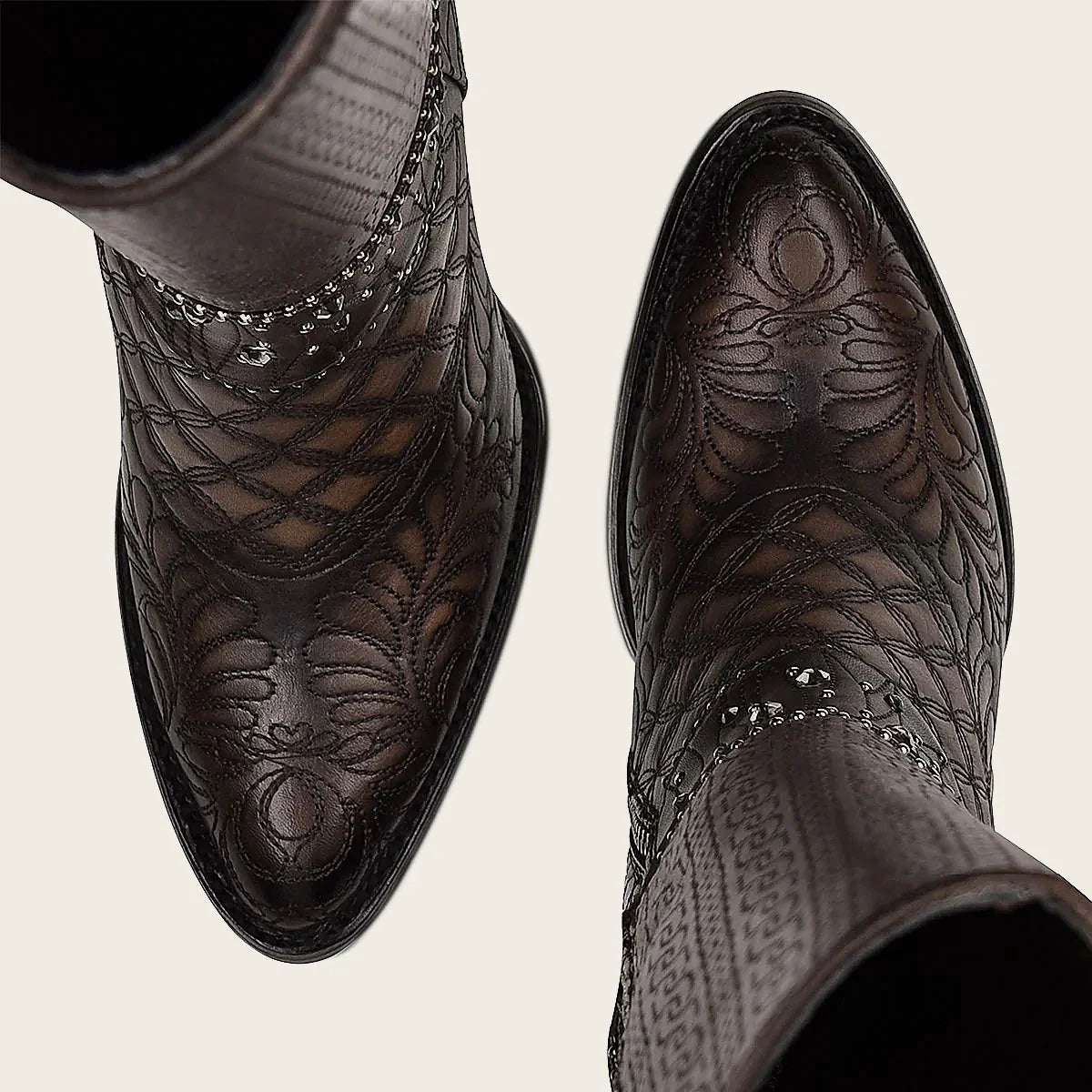 Embroidered dark brown leather boot with Austrian crystals