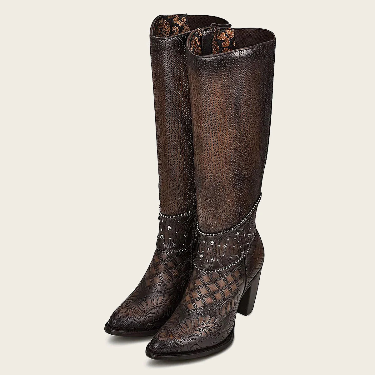 Embroidered dark brown leather boot with Austrian crystals