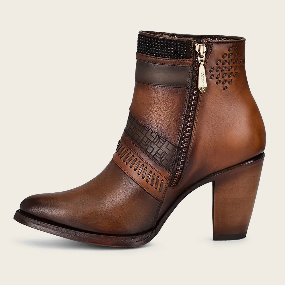 Hand-painted brown leather ankle bootie