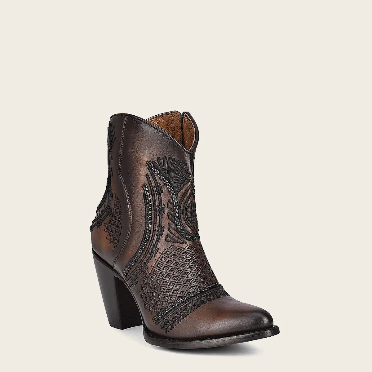 Artisan embroidered brown leather bootie