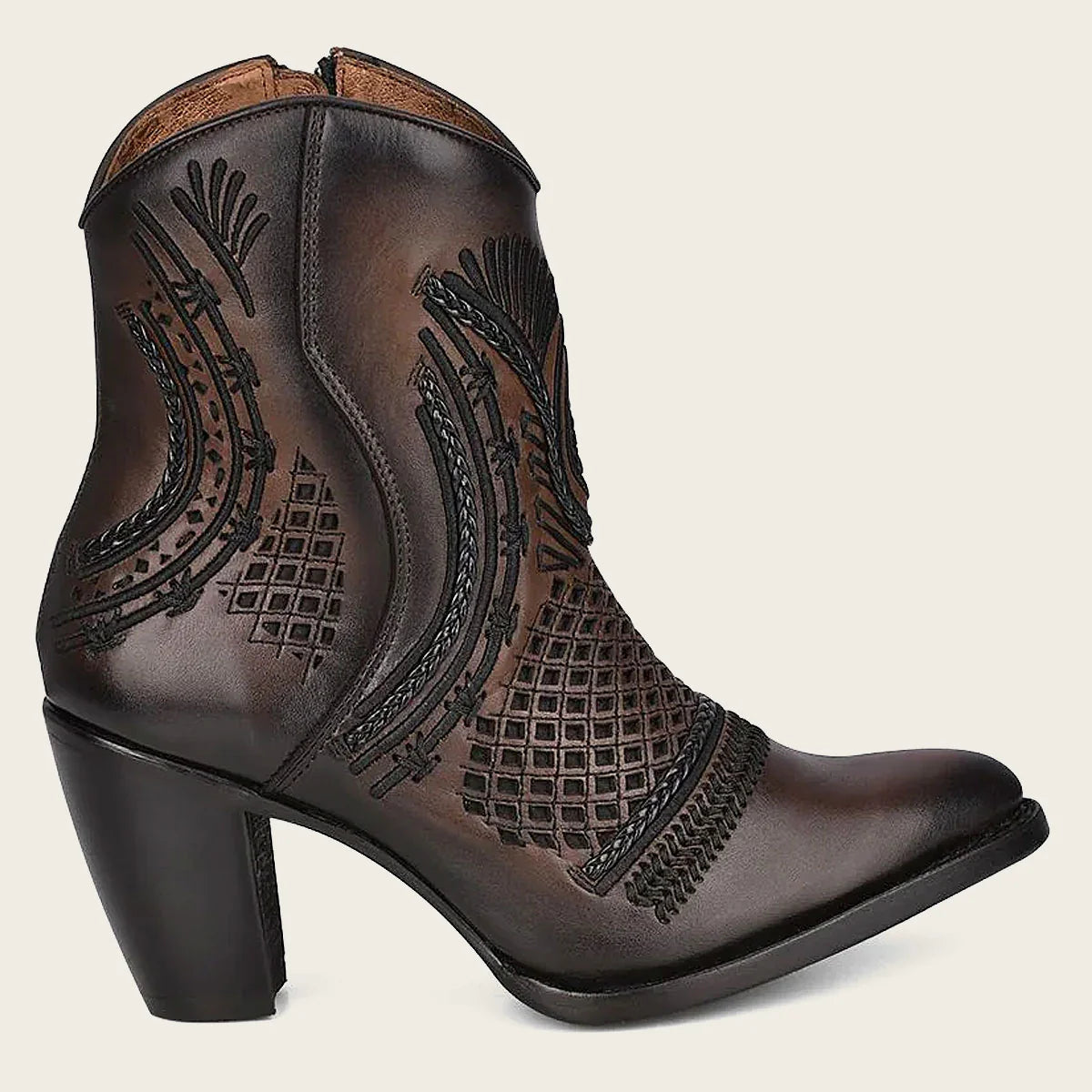 Artisan embroidered brown leather bootie