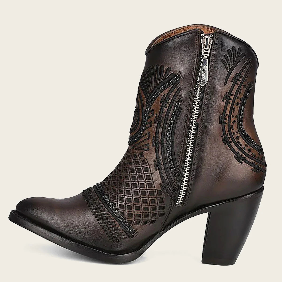 Artisan embroidered brown leather bootie