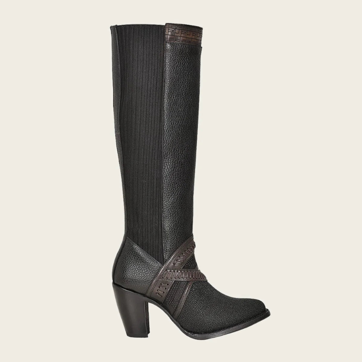 Black Stingray riding boot with hand-woven details