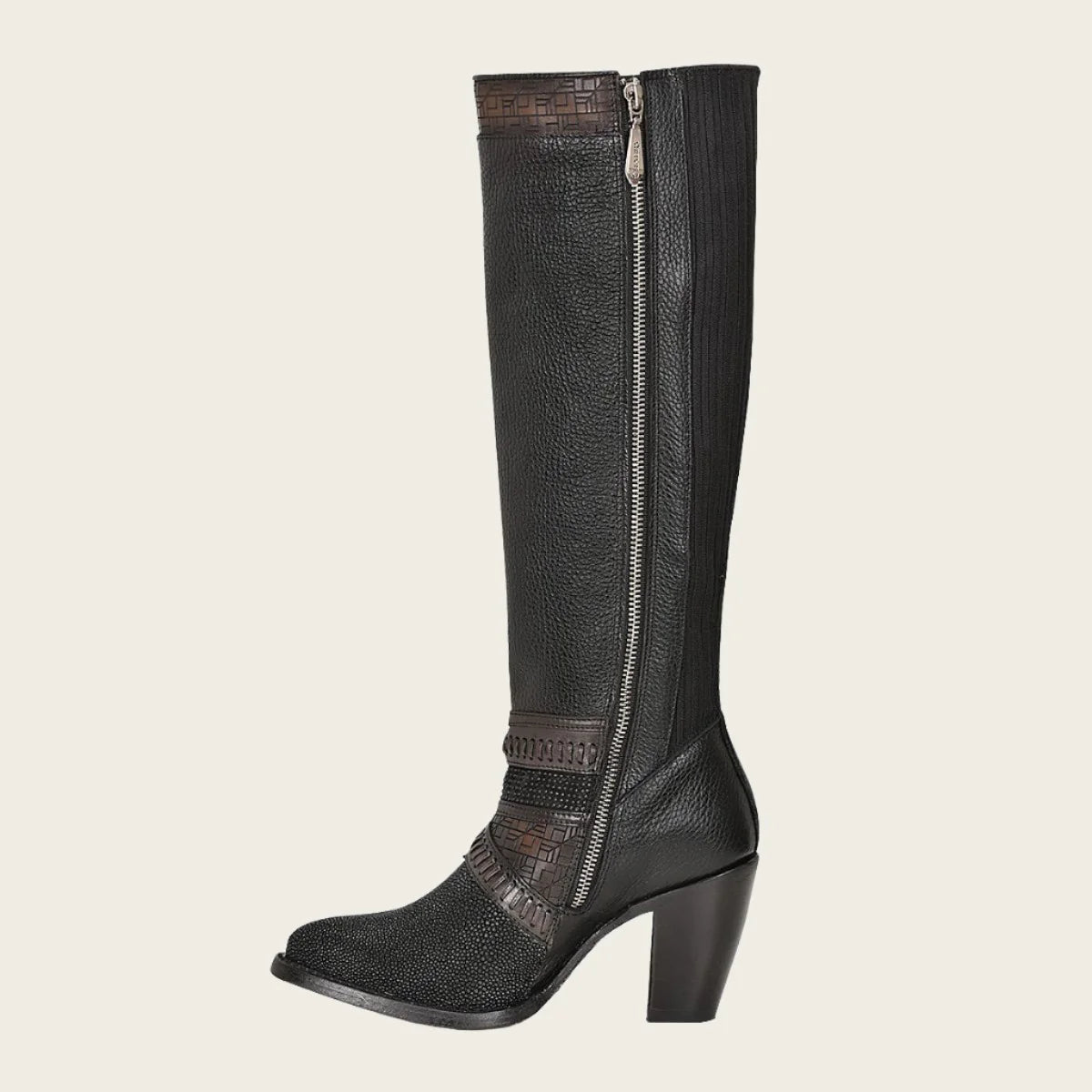 Black Stingray riding boot with hand-woven details