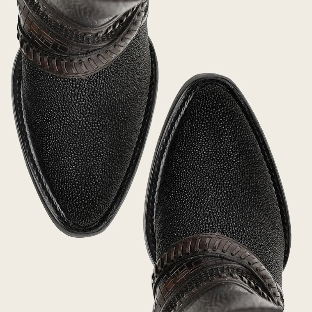 Black Stingray riding boot with hand-woven details