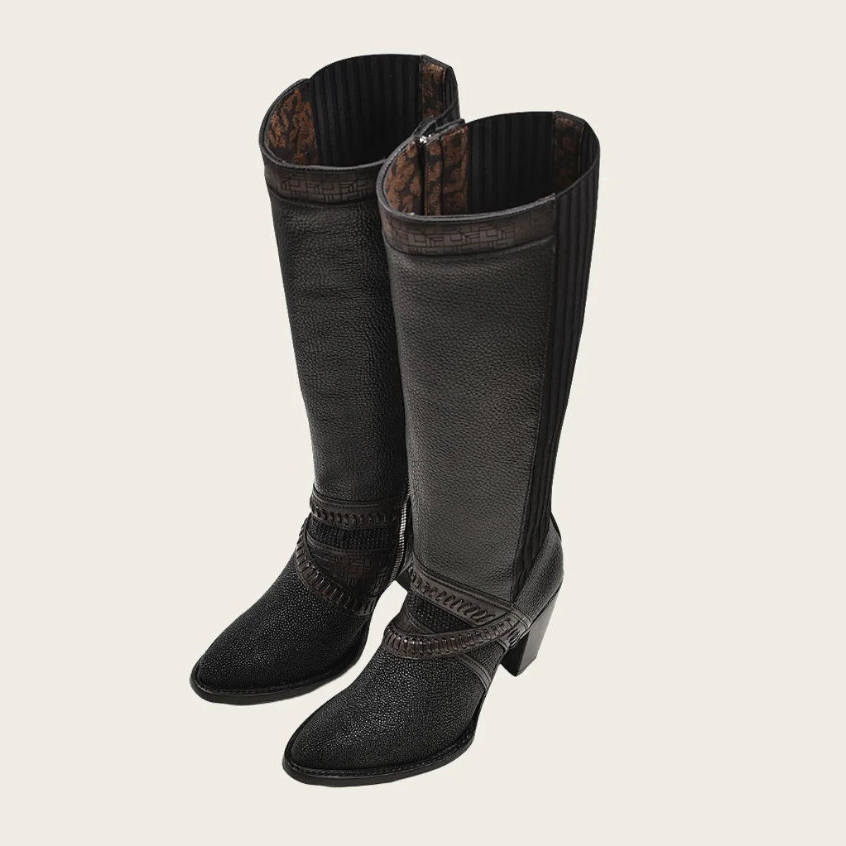 Black Stingray riding boot with hand-woven details