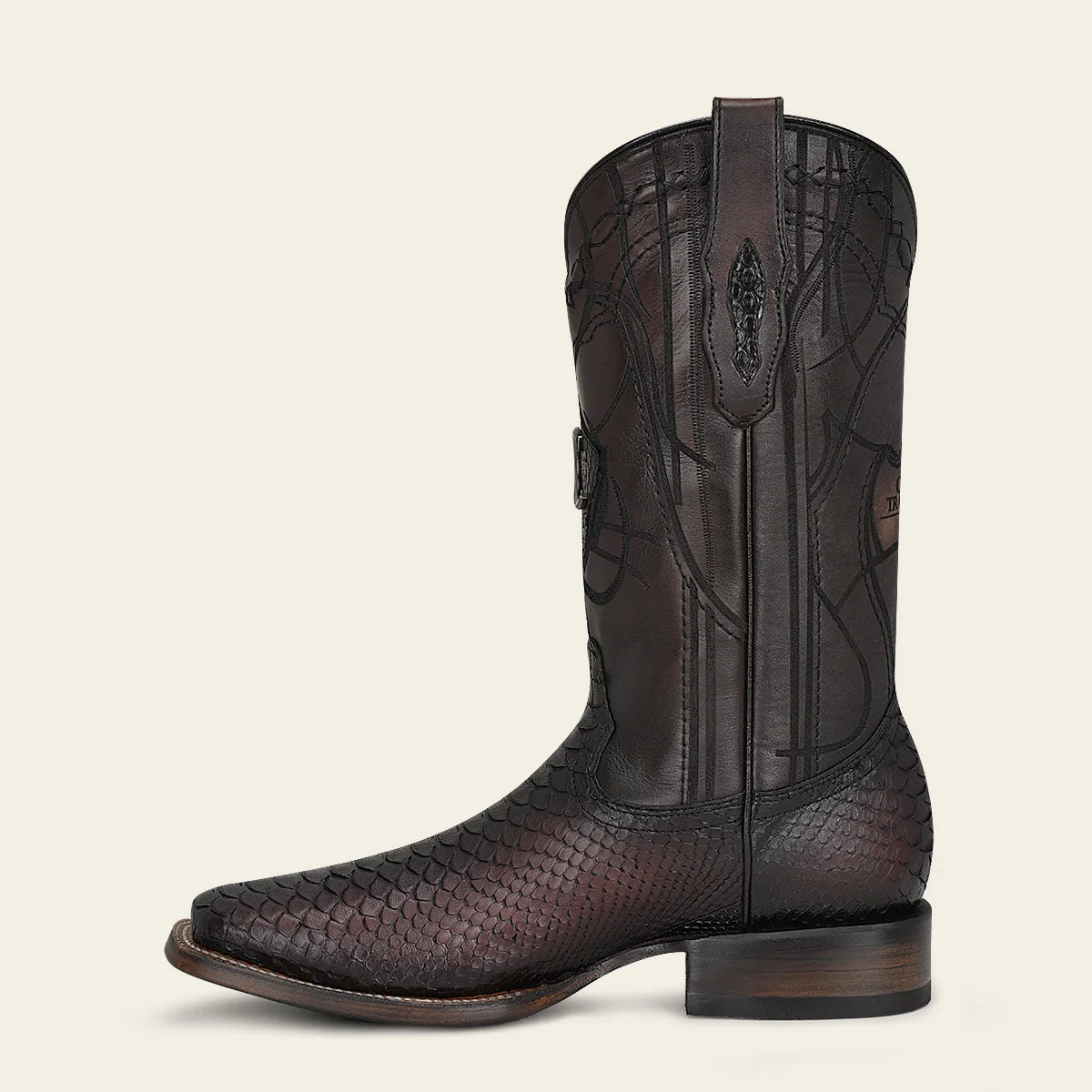 Engraved mahogany python leather western boot