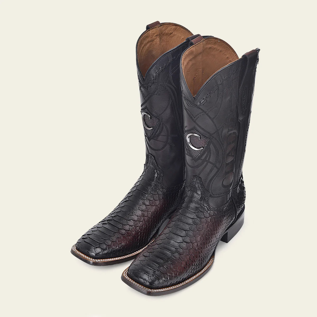 Engraved mahogany python leather western boot