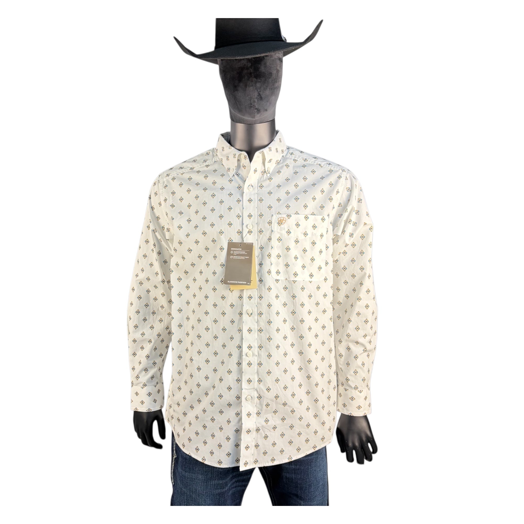 Men’s Western Long Sleeve Button-Down Shirt – Cream Geo Print