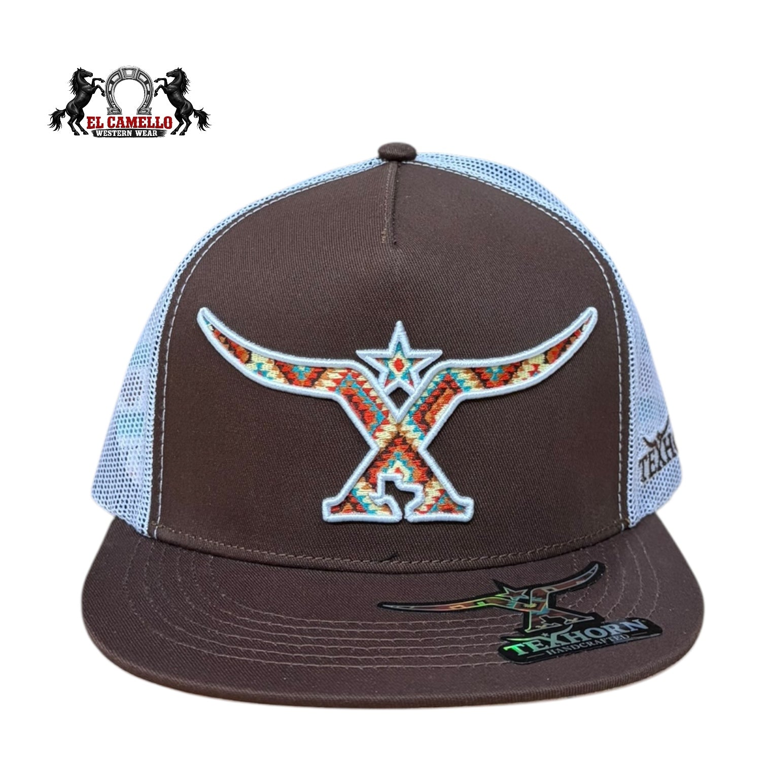 Texhorn Western Longhorn Aztec Embroidered Mesh Back Snapback Cap – Brown