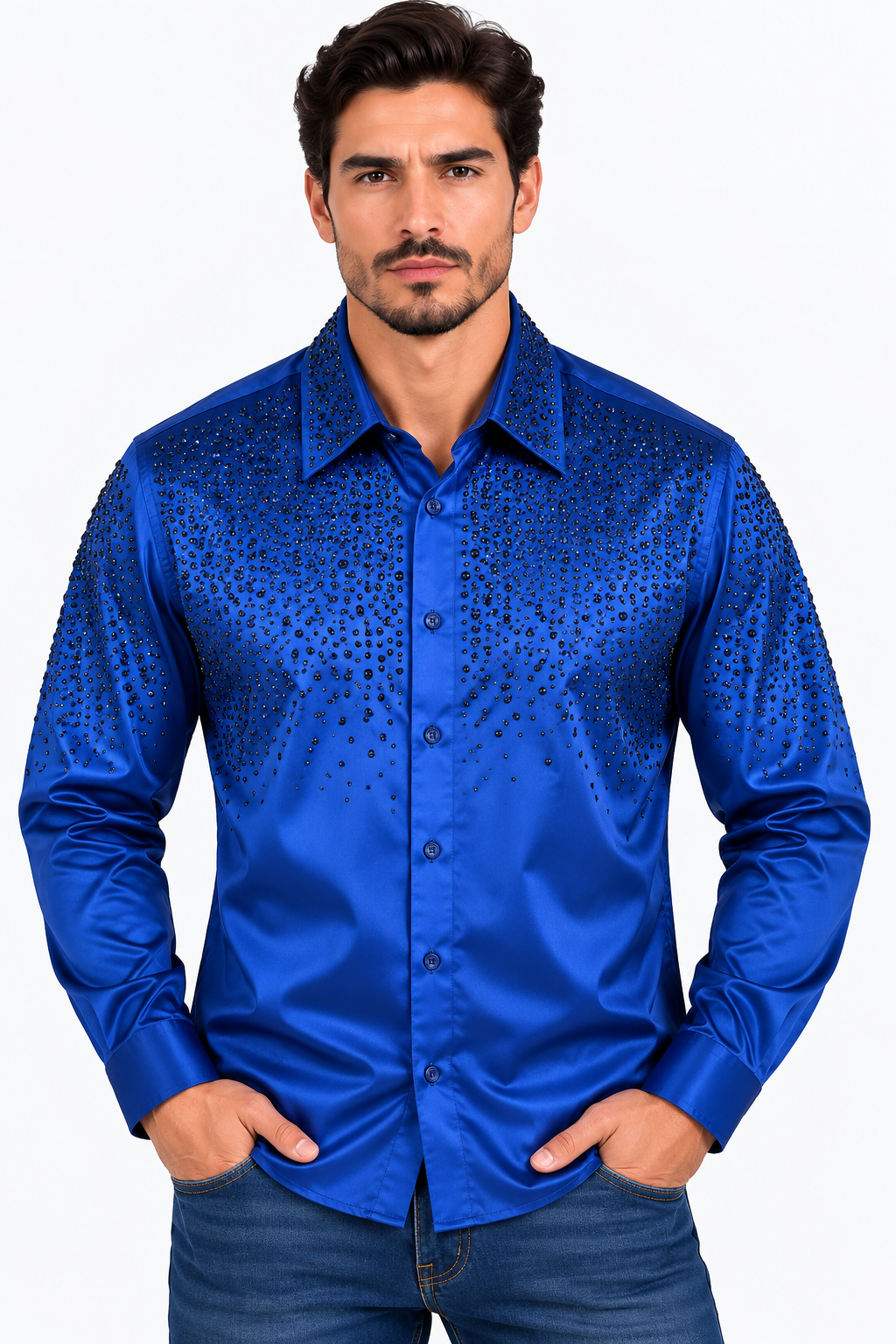 Chuxx Men’s Royal Blue Rhinestone Long Sleeve Shirt CHLS2123
