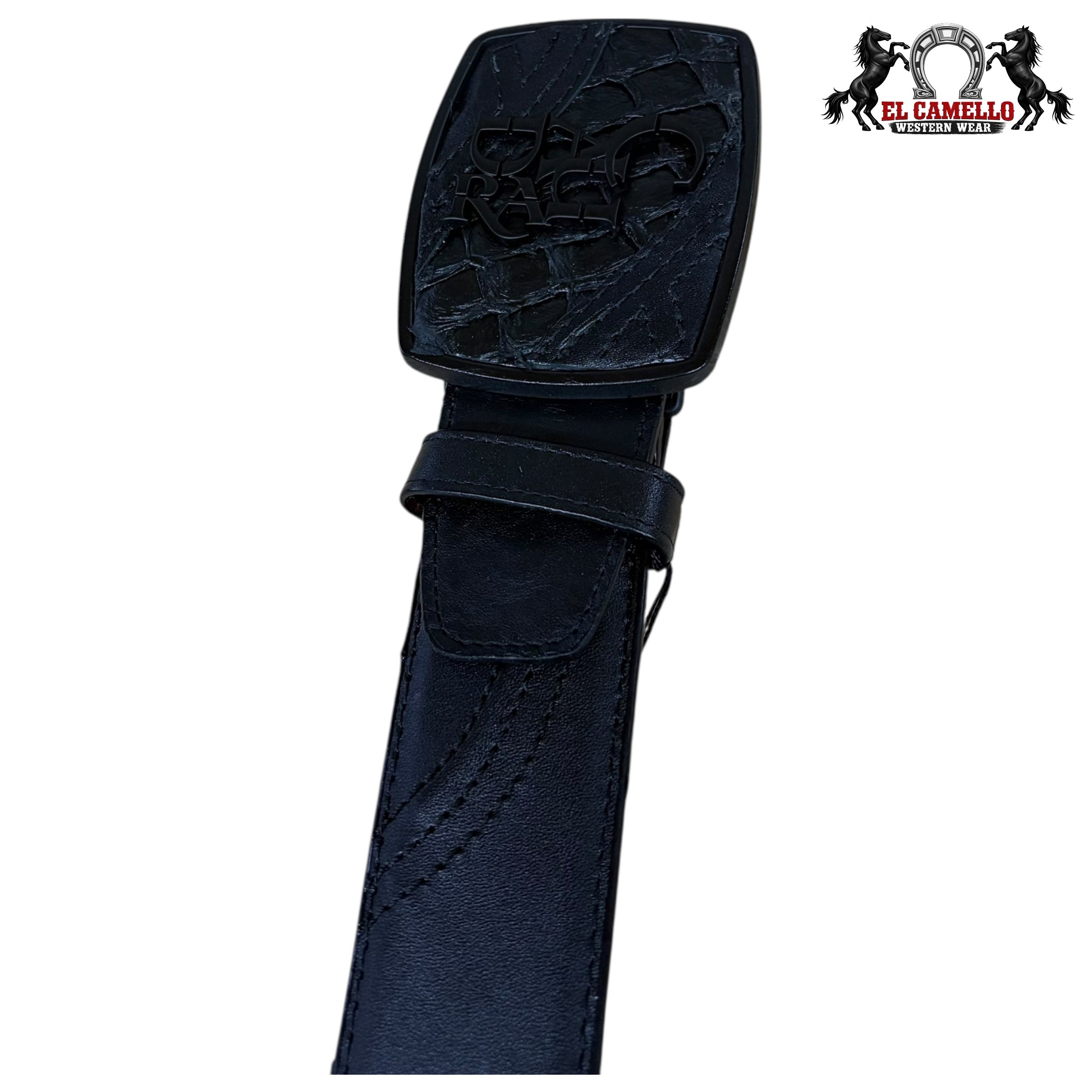 Cuadra Men’s Black Exotic Leather Belt with Logo Buckle BC357