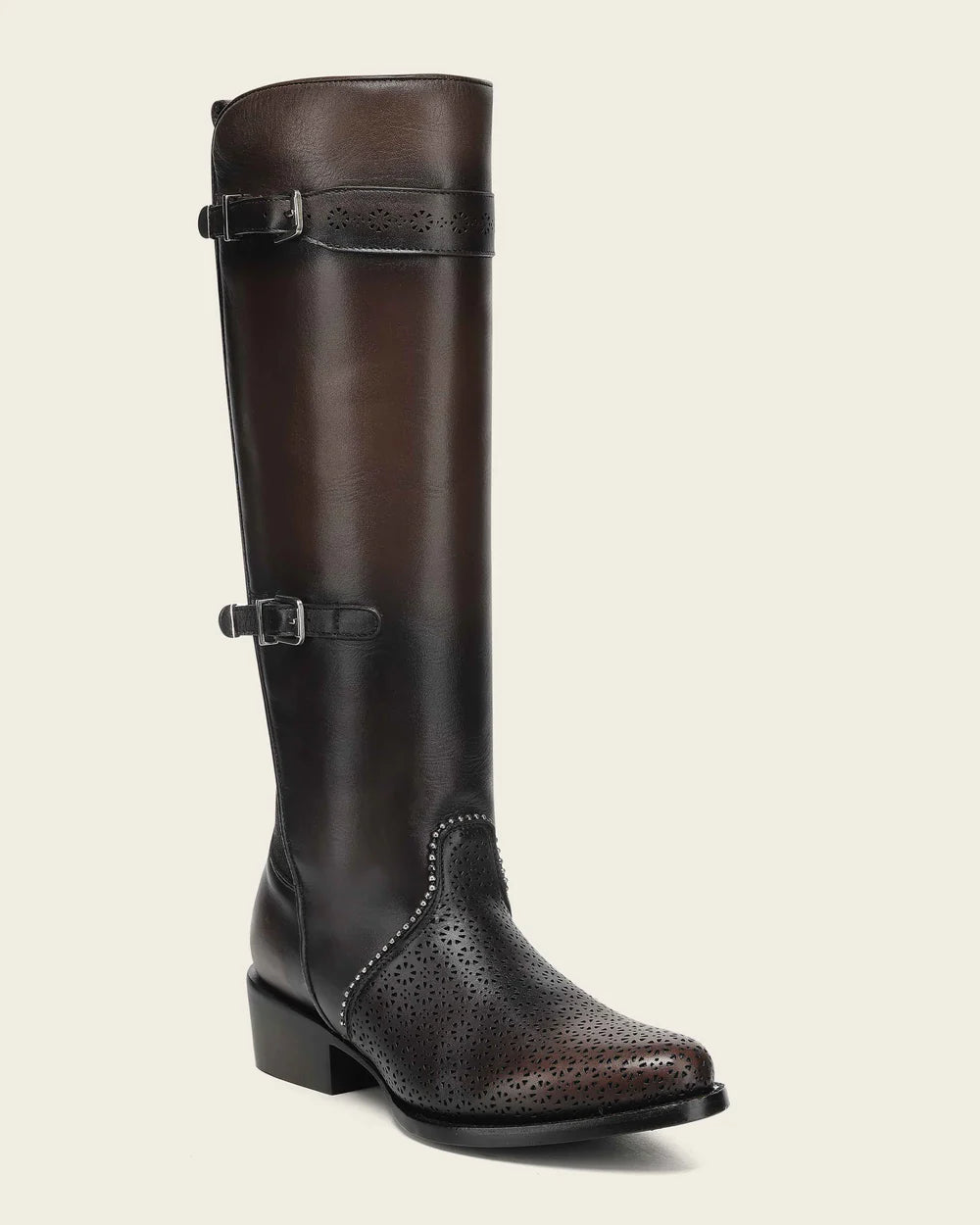 Women's Brown Tall Equestrian Leather Boot with Laser-Cut CC263