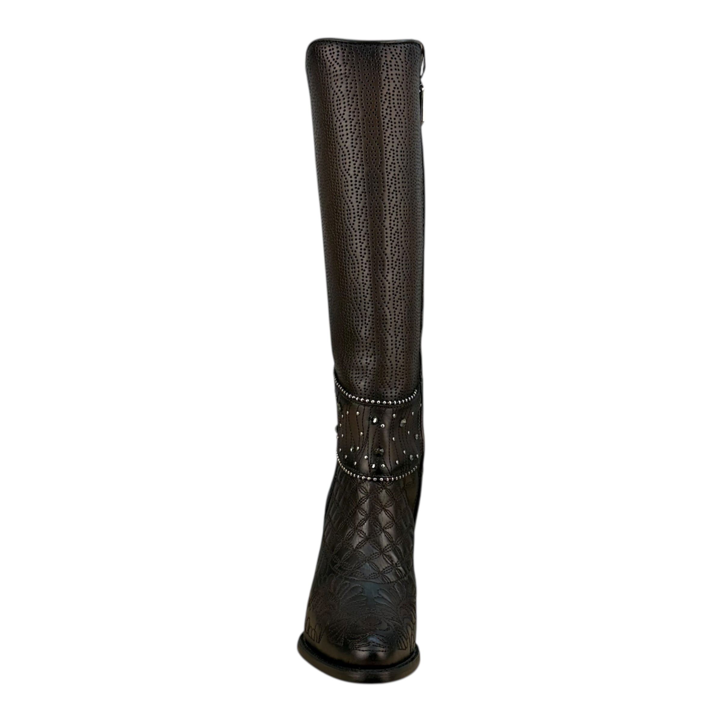 Brown Leather Tall Boots with Embroidery, Studs & Zipper CU584
