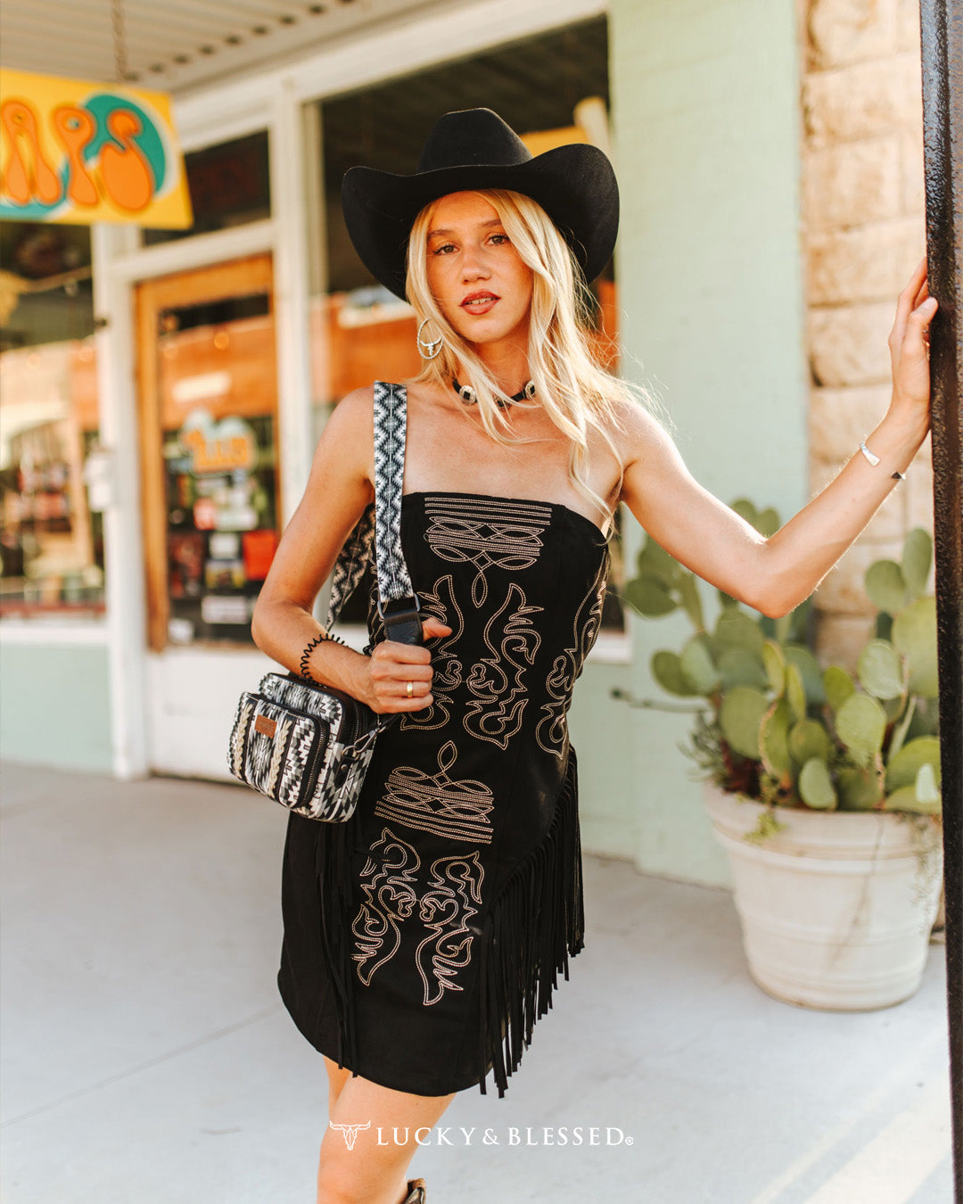 Black Suede Boot Stitch Embroidered Fringe Dress - DR286-BLK