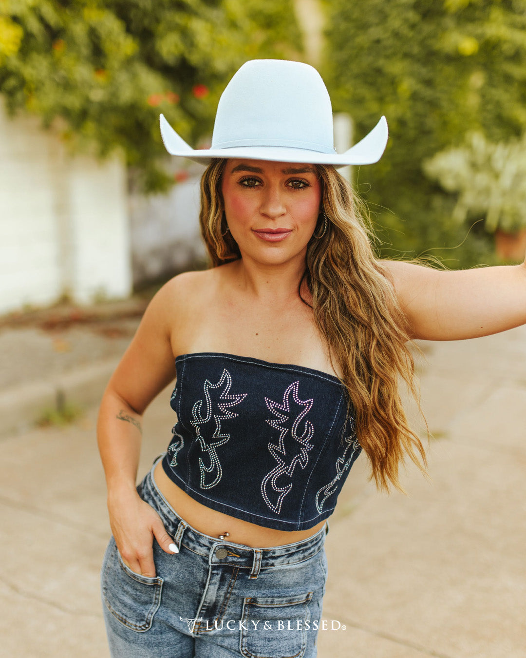 Dark Wash Boot Stitch Rhinestone Detail Corset Tie Up Back Top - TO1122-DW