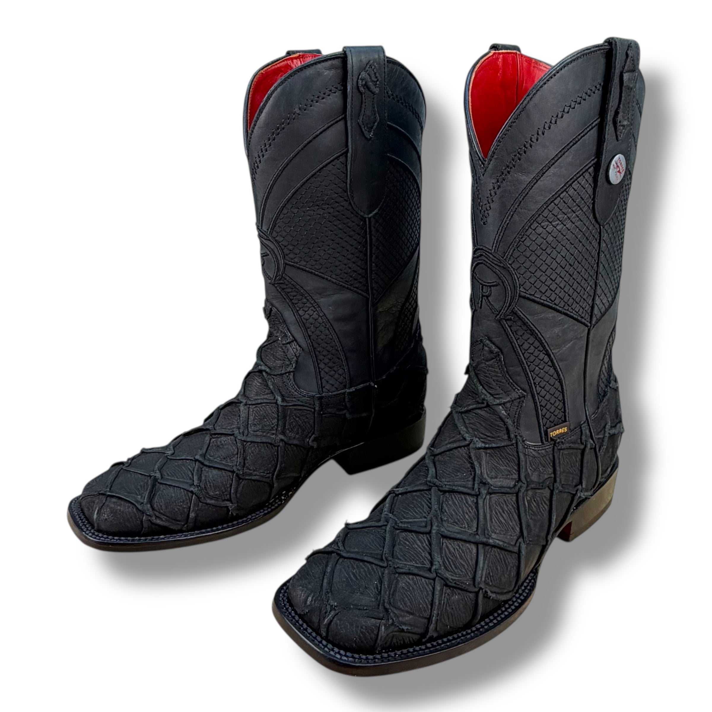 Midnight Ember Matte Black Pirarucu Leather Boot - Sqaure Tow